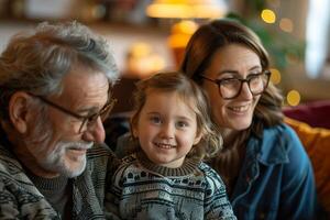 ai genererad en hjärtvärmande familj porträtt fångande de ljus ler av en farfar, hans barnbarn, och henne mor. generativ ai. foto