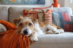 ai genererad ett älskvärd terrier hund vilar på en chic soffa, omgiven förbi färgrik kuddar. generativ ai. foto
