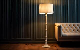 ai genererad en lampa och en stol i en rum med en lampa på de vägg foto