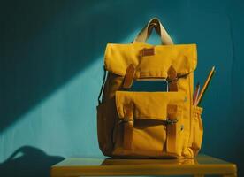 ai genererad gul ryggsäck med skola leveranser foto