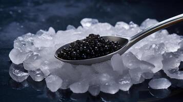 ai genererad svart fisk kaviar eras i de kaviar sked på is på en svart bakgrund. neuralt nätverk ai genererad foto