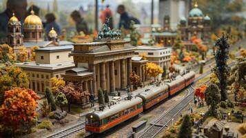 ai genererad miniatyr- modell av de gammal järnväg station foto