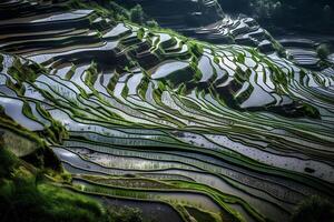 ai genererad ris fält på terrasserad av mu cang chai, yenbai, vietnam. ris fält förbereda de skörda på nordväst vietnam.vietnam landskap. neuralt nätverk ai genererad foto