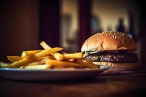 ai genererad hantverk nötkött burger och franska frites på trä- tabell isolerat på svart bakgrund. neuralt nätverk ai genererad foto