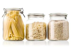 ai genererad sortiment av spannmål Produkter och pasta i glas lagring behållare. neuralt nätverk ai genererad foto