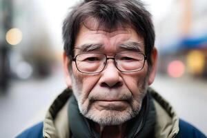 ai genererad närbild gammal mannens ansikte, äldre asiatisk man. neuralt nätverk ai genererad foto