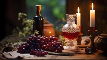 ai genererad flaska och glas av vin med knippa av vindruvor. neuralt nätverk ai genererad foto