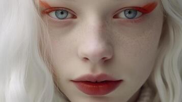 ai genererad albino flicka med vit hud, naturlig mun och vit hår. neuralt nätverk ai genererad foto