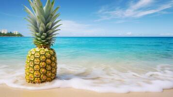 ai genererad sommar bakgrund med ananas på de stranden. neuralt nätverk ai genererad foto