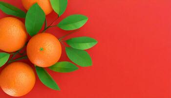 ai genererad orange frukt på röd bakgrund foto