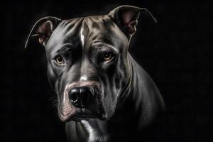 ai genererad pitbull hund porträtt på svart bakgrund. neuralt nätverk ai genererad foto