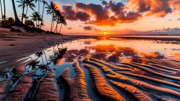 ai genererad solnedgång kastar en eldig glöd över en tropisk strand, med handflatan träd silhouetted mot en vibrerande himmel reflekterad på våt sand krusningar. generativ ai foto