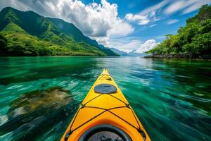 ai genererad man paddling en kajak ner en flod med en stor kopia Plats, generativ ai. foto