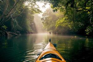 ai genererad man paddling en kajak ner en flod med en stor kopia Plats, generativ ai. foto