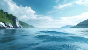 ai genererad en skön hav scen med en klippig Strand och blå vatten foto