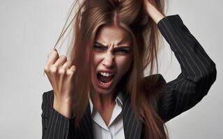 ai genererad företag kvinna arg och aggressiv, klämmande hans egen hår, vit bakgrund. foto