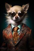 ai genererad hund chihuahua klädd i ett elegant modern kostym med en trevlig slips, bär solglasögon och en keps. foto