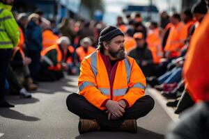 ai genererad protest aktivister bär Hej vis gul orange jacka sitta på en väg och blockera trafik, folkmassan av foto