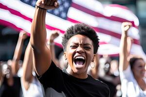 ai genererad en ung fast besluten afrikansk amerikan kvinna i främre av de USA flagga, positiv, stolt och självsäker, foto