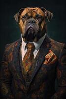 ai genererad hund bullmastiff hund klädd i ett elegant kostym med en trevlig slips. mode porträtt av ett foto