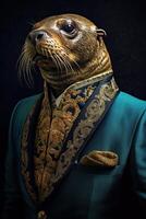 ai genererad valross klädd i ett elegant modern kostym med en trevlig slips. mode porträtt av ett antropomorf foto