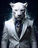ai genererad vit gepard klädd i ett elegant modern kostym med en trevlig slips. mode porträtt av ett foto