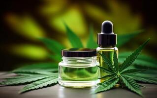 ai genererad medicinsk cannabis Produkter och hampa blad cbd olja foto