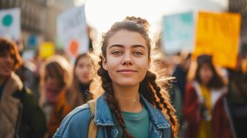 ai genererad färgrik banderoller och slagord för klimat förändra protest, gen z aktivist och folkmassan i stad fyrkant foto