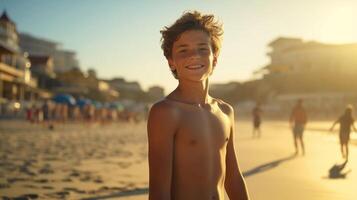 ai genererad en Tonårs pojke lyckligt njuter han själv på en solig strand under en värma dag. Tonårs pojke på de strand i de sommar. reser ensam begrepp, Lycklig ögonblick foto