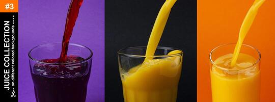 juice häller in i glas på Färg bakgrund, körsbär, orange och druva juicer foto