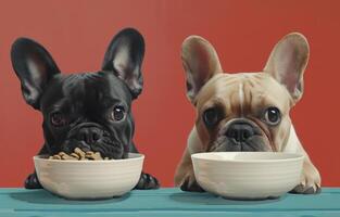 ai genererad två franska bulldoggar äta hund mat hund mat foto