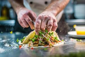 ai genererad mexikansk tacos med nötkött, tomater, lök och andra på vit bakgrund foto