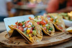 ai genererad mexikansk tacos med nötkött, tomater, lök och andra på vit bakgrund foto