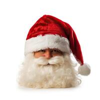 ai genererad santa claus ansikte porträtt med skägg och hatt på en vit bakgrund. ny år och jul begrepp. foto