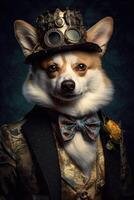 ai genererad hund, corgi klädd i ett elegant modern blommig kostym. mode porträtt av ett antropomorf djur, foto