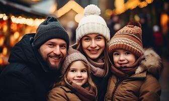 ai genererad Lycklig stor familj stående på en jul marknadsföra,, vinter- högtider firande, mor, far, foto