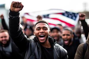 ai genererad en fast besluten afrikansk amerikan man i främre av USA flagga bland de folkmassan, stolt och självsäker, foto
