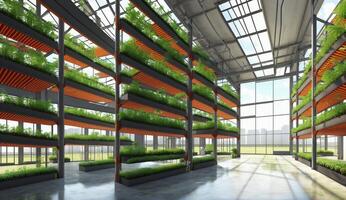 ai genererad ett artister tolkning av en glas växthus överfyllda med en mängd av växter, skapande en skön urban design fixtur med en Fasad av grönska foto