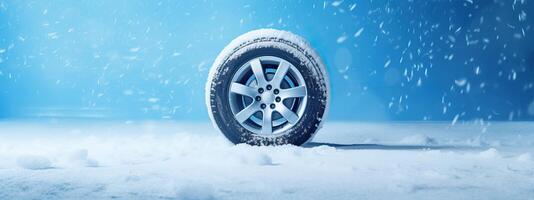 ai genererad varumärke ny vinter- bil däck visat upp mot en snöig blå bakgrund, vinter- däck redo för vinter- foto