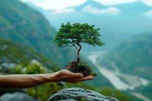 ai genererad hand barn innehav växt med solljus på grön natur bakgrund. begrepp eco jord dag, generativ ai foto