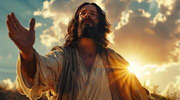 ai genererad Jesus är stående med hans hand fullt utsträckt med de Sol reflekterad Bakom de himmel foto