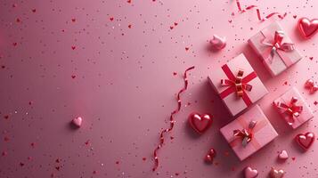ai genererad hjärtans dag tema med gåvor, konfetti, och hjärtan uppsättning mot en rosa bakgrund foto