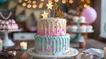 ai genererad en fantastisk födelsedag kaka Utsmyckad med pastell regnbåge färger, festlig flaggväv, och gyllene stjärna kaka toppers foto