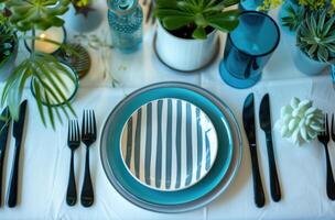 ai genererad blå och vit middag tabell miljö med tallrik och växter foto