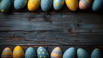 ai genererad påsk Semester bakgrund med målad ägg visas på trä- brädor, skapande en festlig dekoration foto