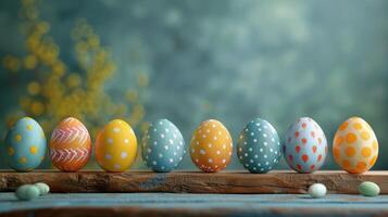 ai genererad påsk Semester bakgrund med målad ägg visas på trä- brädor, skapande en festlig dekoration foto
