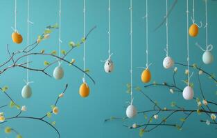 ai genererad påsk kort med hängande ägg på en blå vägg foto