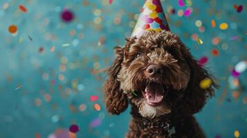 ai genererad en glad och förtjusande labradoodle hund, påklädning en fest hatt, är fira på en födelsedag fest, med konfetti faller runt om, minimalistisk blå bakgrund foto