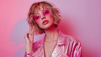 ai genererad en skön ung kvinna i en ljus rosa metallisk overall och vr glasögon står på en minimalistisk lutning rosa-violett foto