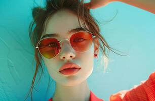 ai genererad ung flicka med solglasögon Framställ för en cell telefon foto